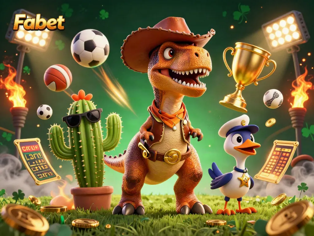 Bet on Fabet with a playful 3D T-Rex and sports elements in a vibrant casino scene