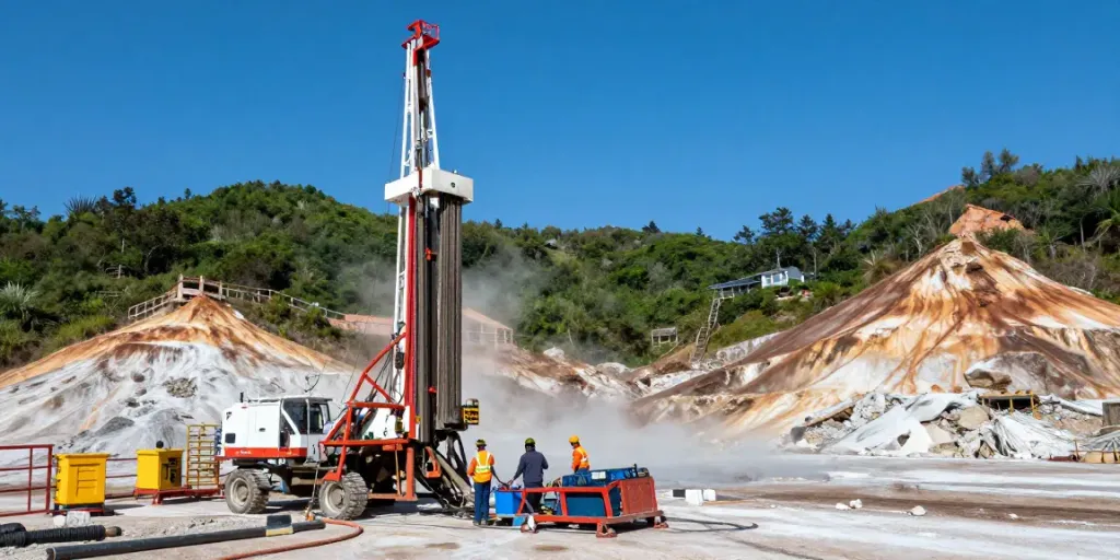 Geothermie Bohrung: Mitarbeiter bei nachhaltigen Bohrarbeiten in der Natur.