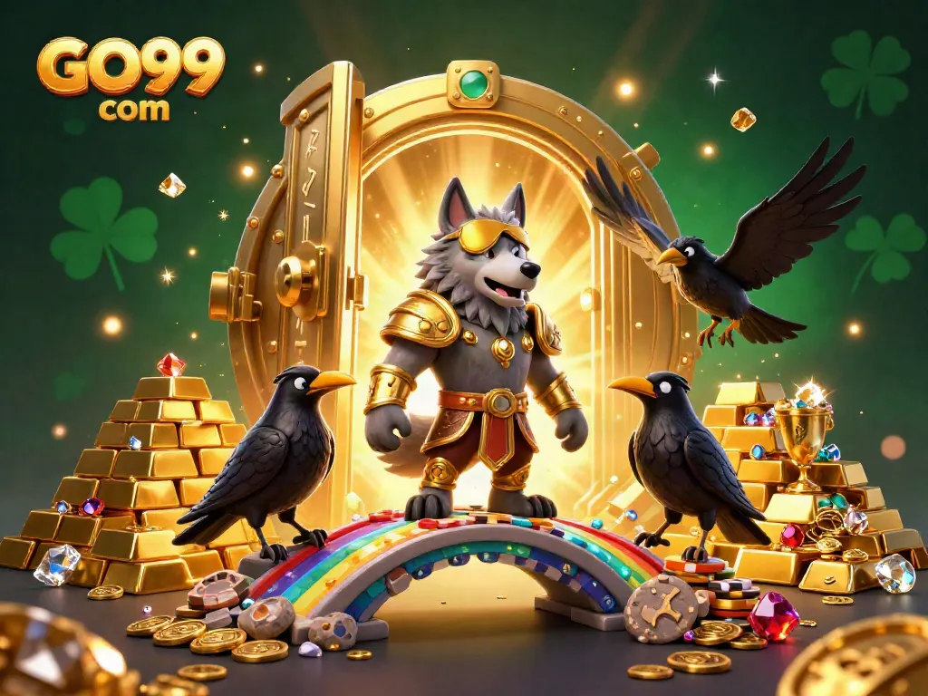 Experience thrilling action at GO99 com with dynamic casino-themed 3D illustration featuring Odin and ravens.