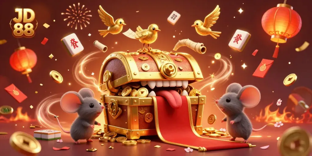 Engage with JD 88's exciting elements, featuring a golden treasure chest, floating mahjong tiles, and festive decorations.