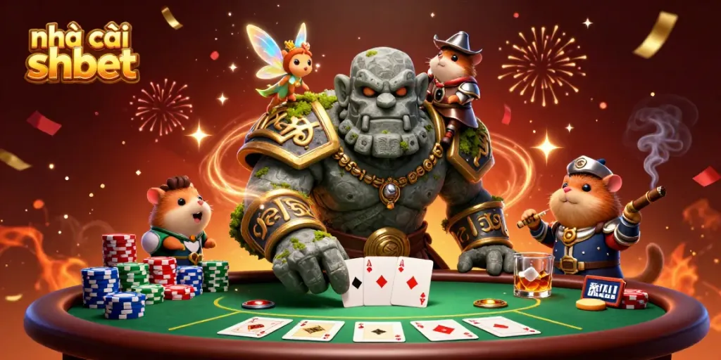 Experience the thrill of gaming with nhà cái shbet, showcased by vibrant 3D characters in a rich casino scene.