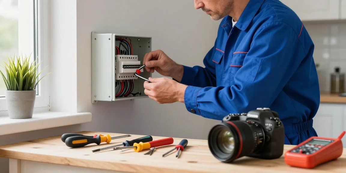 Elektriker in Essen installiert Elektrik in einem hellen Wohnbereich.