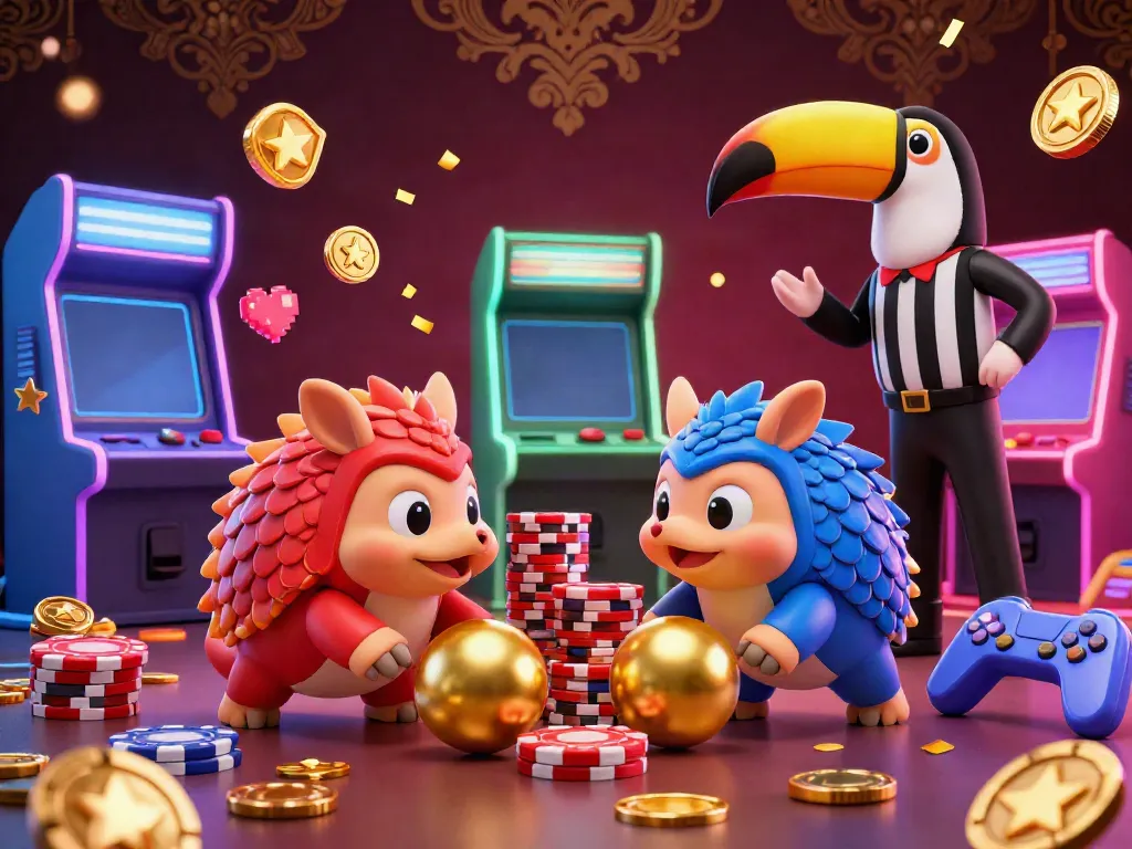 Experience thrilling gaming with O8's cartoon pangolins enjoying poker fun amidst vibrant game elements.