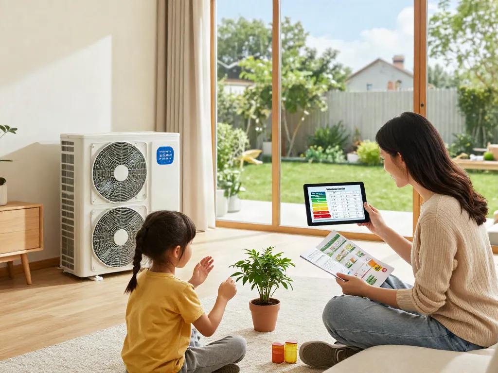 Familie bespricht Wärmepumpe Kosten in einem modernen, umweltfreundlichen Wohnzimmer mit natürlichem Licht.