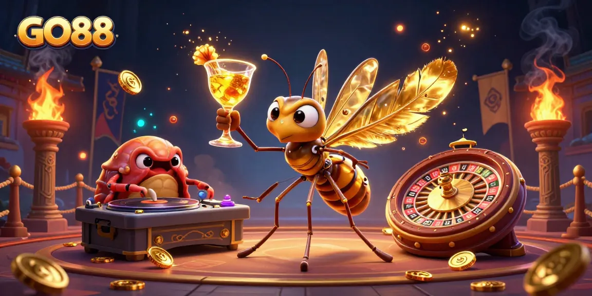 Experience the excitement of GO88 casino with a vibrant, animated scene showcasing gambling elements.