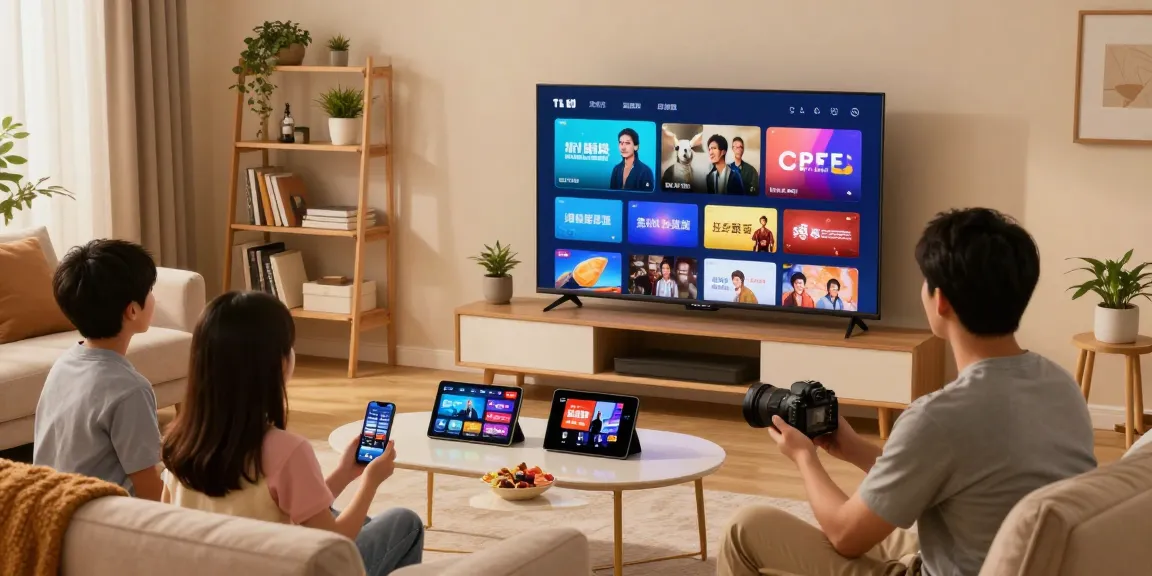 iptv kaufen: Moderne Wohnzimmereinrichtung mit Familie, die gemütlich IPTV auf Smart TV schaut, Snacks auf dem Tisch.