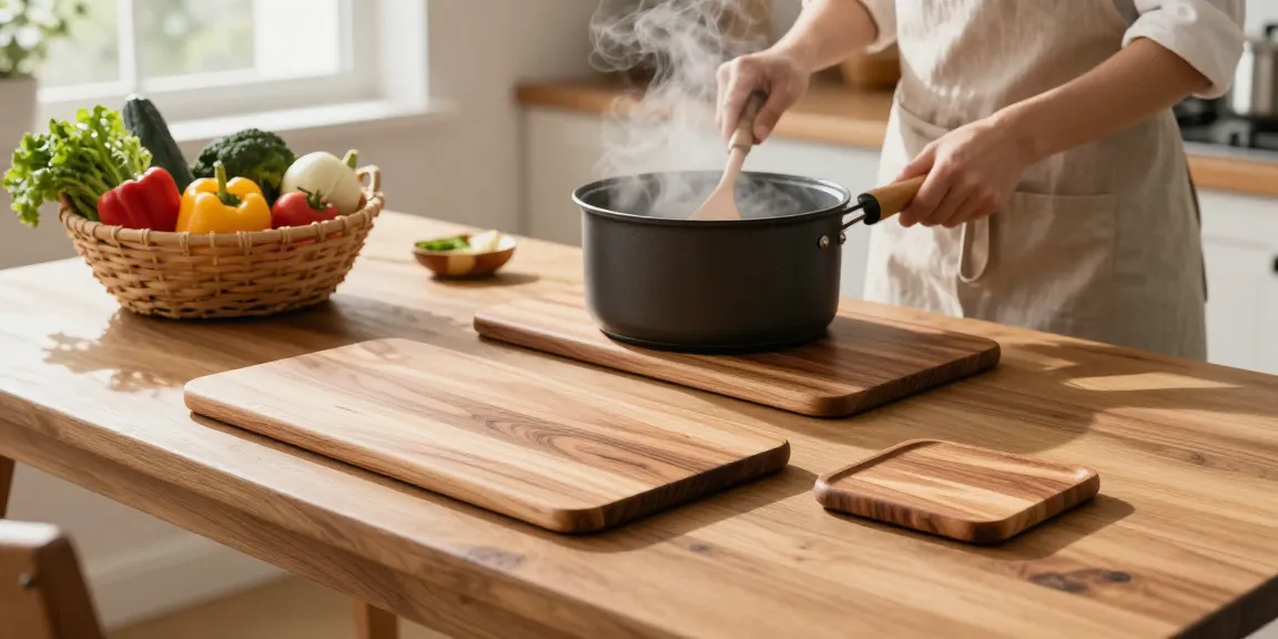 Topfuntersetzer aus Holz, die die Küchenaesthetik mit lebendiger Kochszene verbessern.