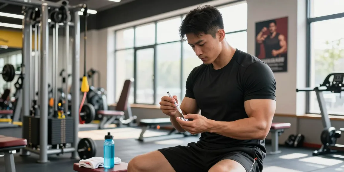 Anabolika Shop: Bodybuilder preparing for workout with anabolic steroids in a dynamic gym environment.