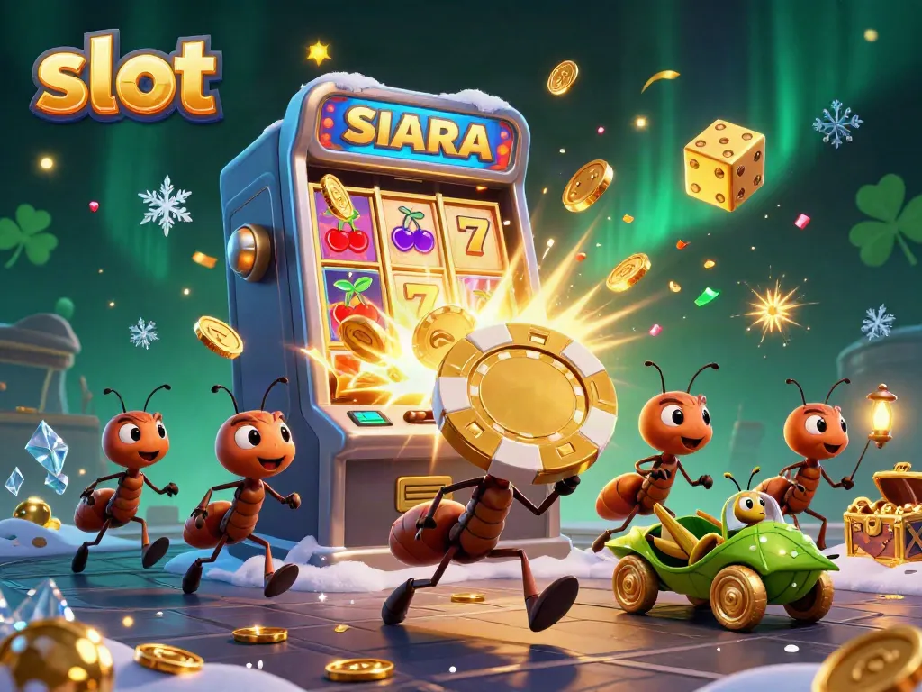 Ants carrying a giant casino chip and running past a massive slot machine in a vibrant casino tunnel scene.