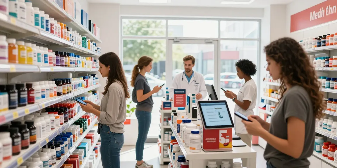 Kunde beim Einkaufen in einem Medi Pharma Shop, erkundet Gesundheitsprodukte und Nahrungsergänzungsmittel in einer lebhaften Umgebung.