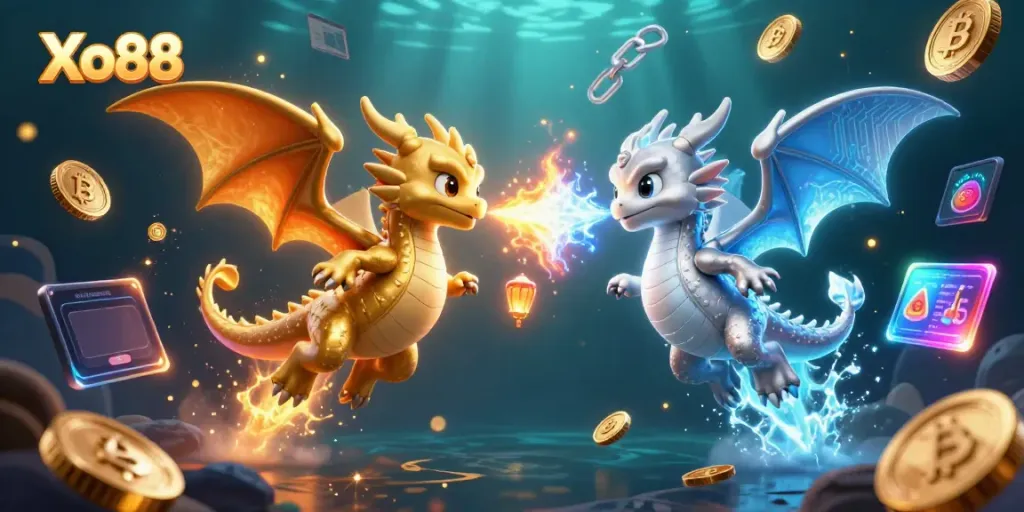 Engage in thrilling casino adventures with Xo88's dynamic gaming scene featuring fiery and icy dragons.