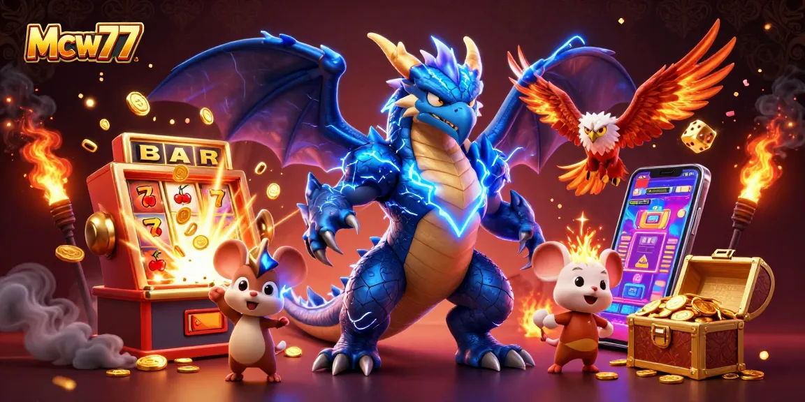 Mcw77 captivates players with vibrant casino action featuring a thunder dragon, dynamic slot machines, and golden treasures.