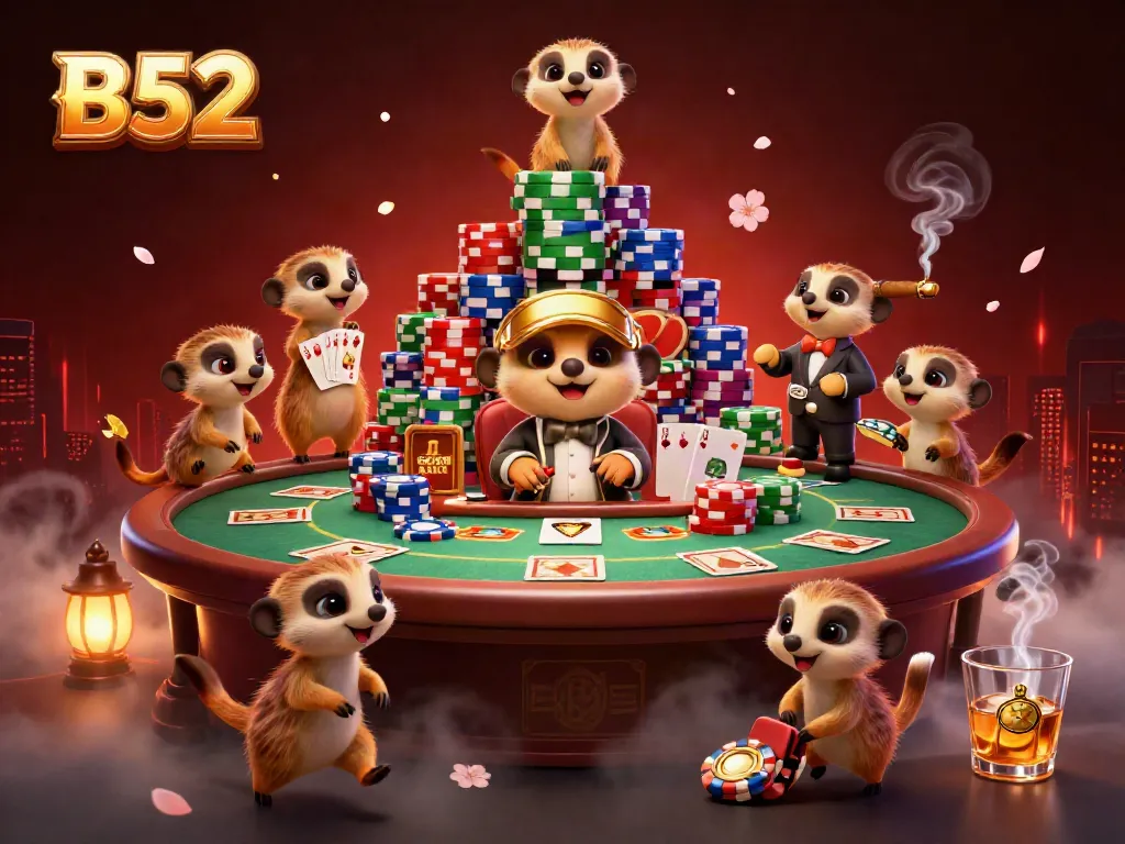 Experience lively meerkats operating a dynamic B52 casino in a vibrant scene filled with poker chips and cards.