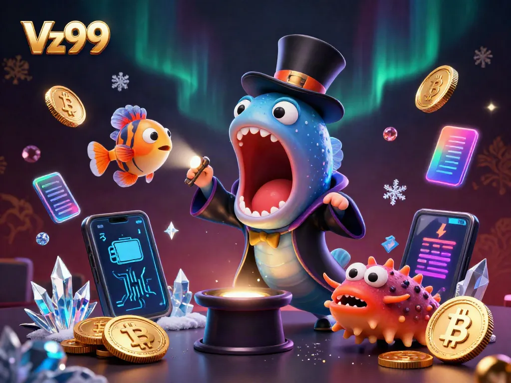 Experience exciting Vz99 card tricks by a bioluminescent eel and anglerfish in a vibrant casino setting.