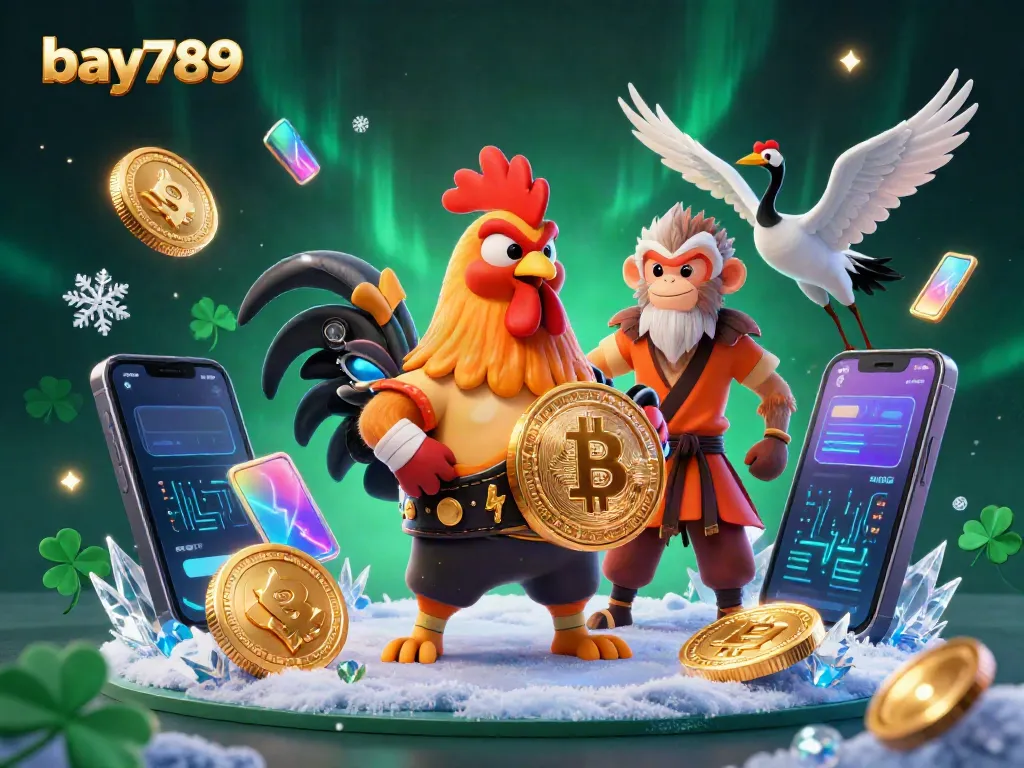 Experience thrilling gameplay with bay789 featuring a fierce Muay Thai rooster and a Shaolin monkey amidst dazzling crypto elements.