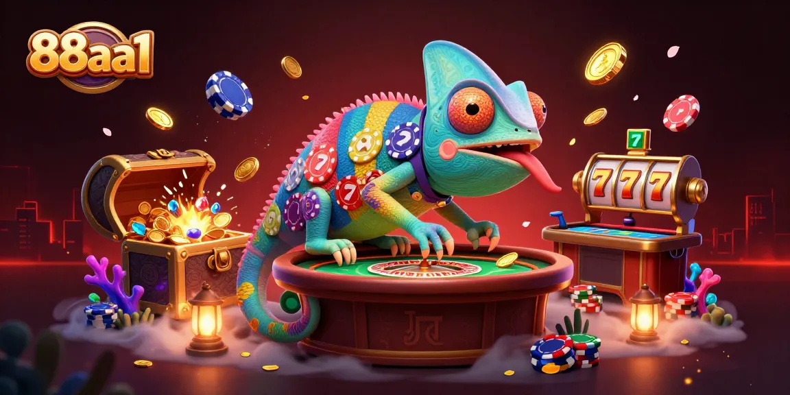 Experience the vibrant world of 88aa1 casino, where chameleons capture golden coins amidst casino excitement.