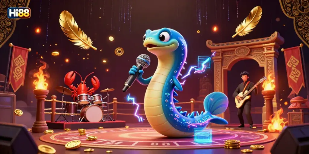 Experience the dynamic atmosphere of Hi88's underwater casino, featuring an electric eel DJ and vibrant game elements.