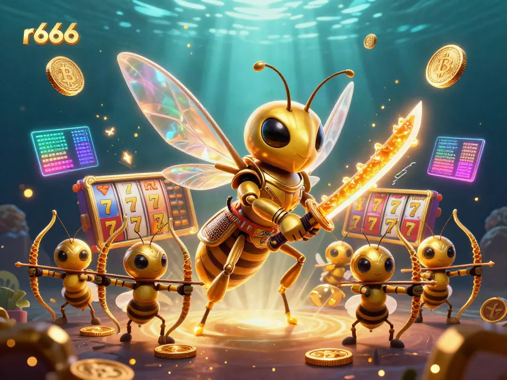 Experience the thrill of r666 with a vivid, action-packed casino scene featuring dynamic slots and crypto elements.