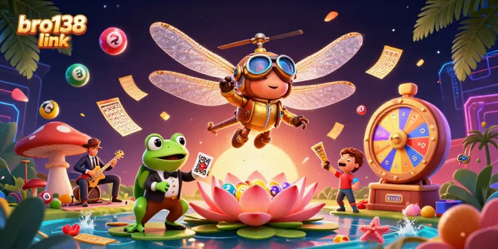 Experience the thrill of bro138 link with vibrant casino elements in a dynamic scene featuring a dragonfly pilot and frog croupier.