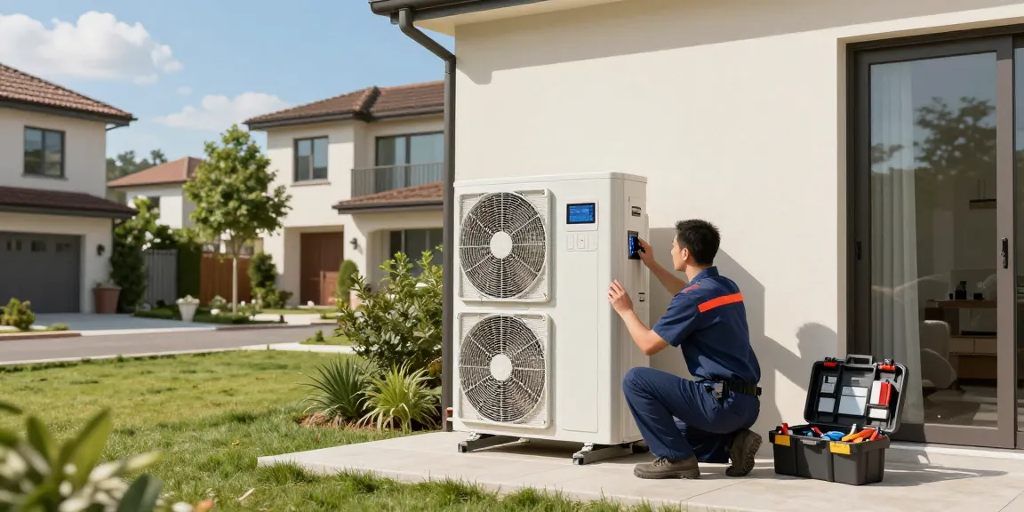 Efficient wärmepumpe bosch in a modern house, technician inspecting eco-friendly installation.
