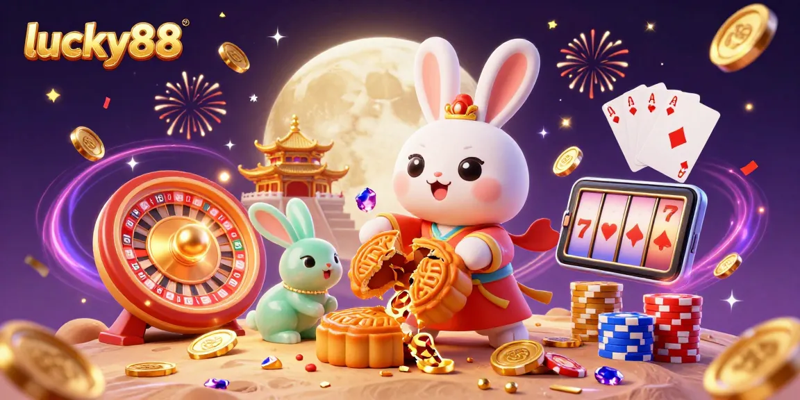 Experience the magic of lucky88 with a moon rabbit revealing poker chips among festive casino elements in this vibrant illustration.