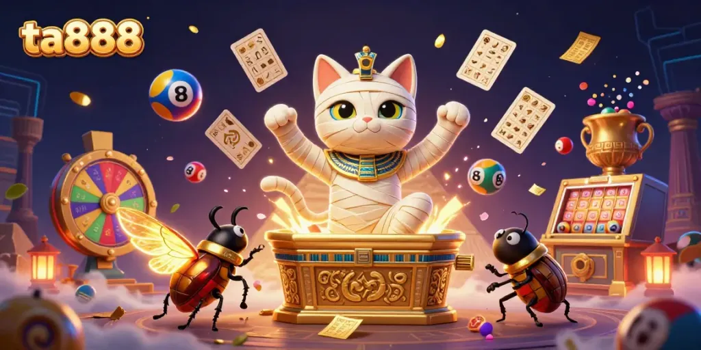 Experience the excitement of ta888 with a vibrant 3D casino scene featuring a mummy cat and casino elements.
