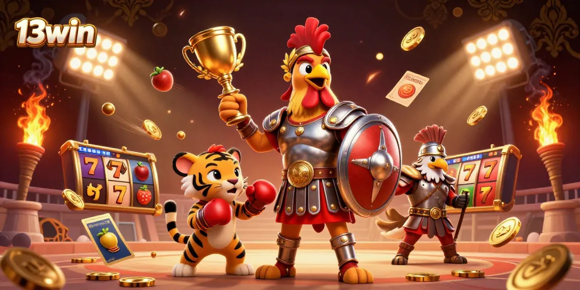 Experience thrilling gaming with 13win's exciting slot reels in a vibrant 3D illustration.