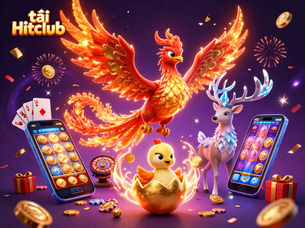 Play the vibrant slots at tải Hitclub with a stunning phoenix and casino elements in 3D illustration.