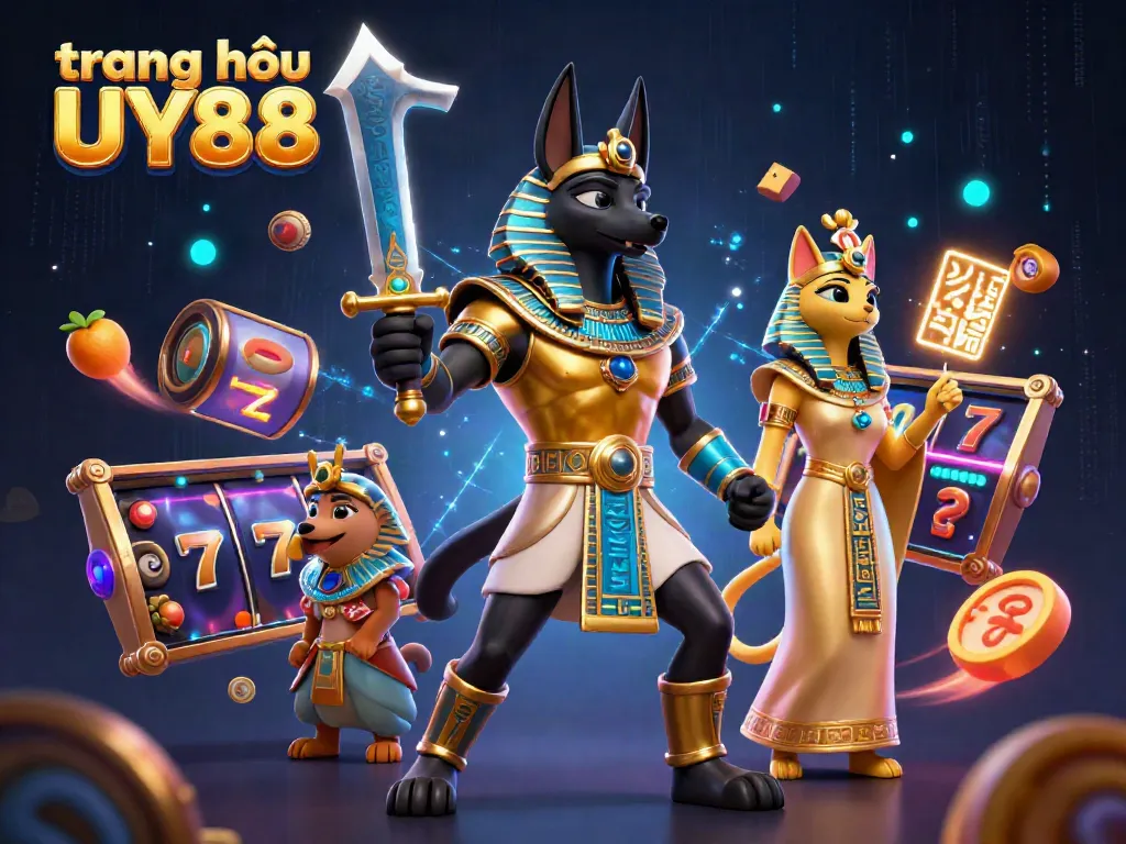 Engage in the thrilling world of trang chủ UY88 with dynamic slot games, depicted by ancient Egyptian characters.