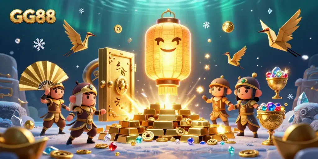 Engage in thrilling gaming at GG88 with a vibrant 3D illustration showcasing a golden lantern spirit and lucky symbols.