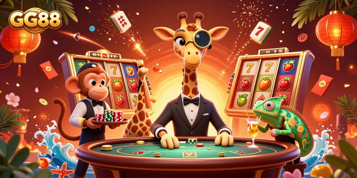 Experience the excitement at GG88 with a lavish gaming scene featuring a high-roller giraffe and vibrant casino elements.