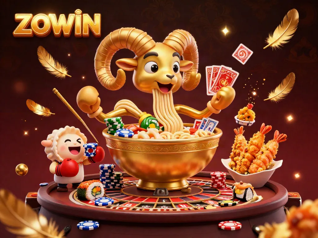 ZOWIN showcases energetic casino characters, featuring a golden ramen bowl dealer surrounded by vibrant gaming elements.
