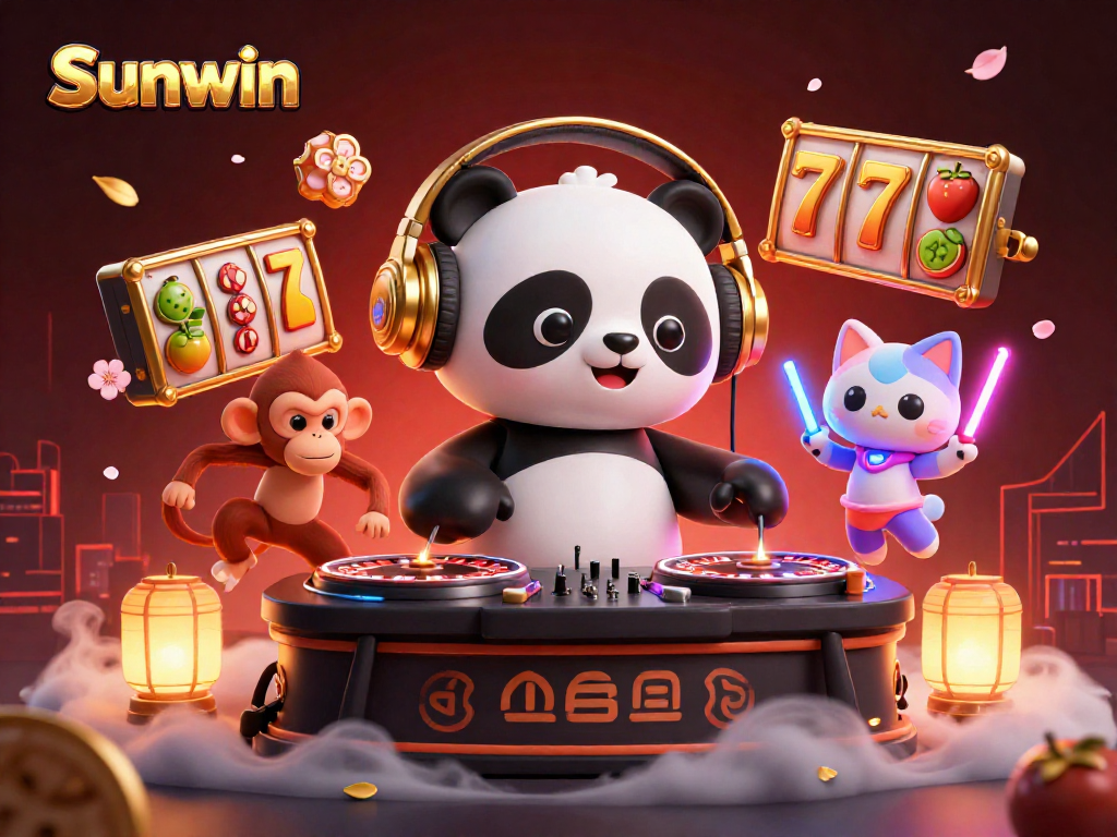 Engaging scene of Sunwin's DJ panda, breakdancing monkey, and kitten amid dynamic spinning slots and festive elements.