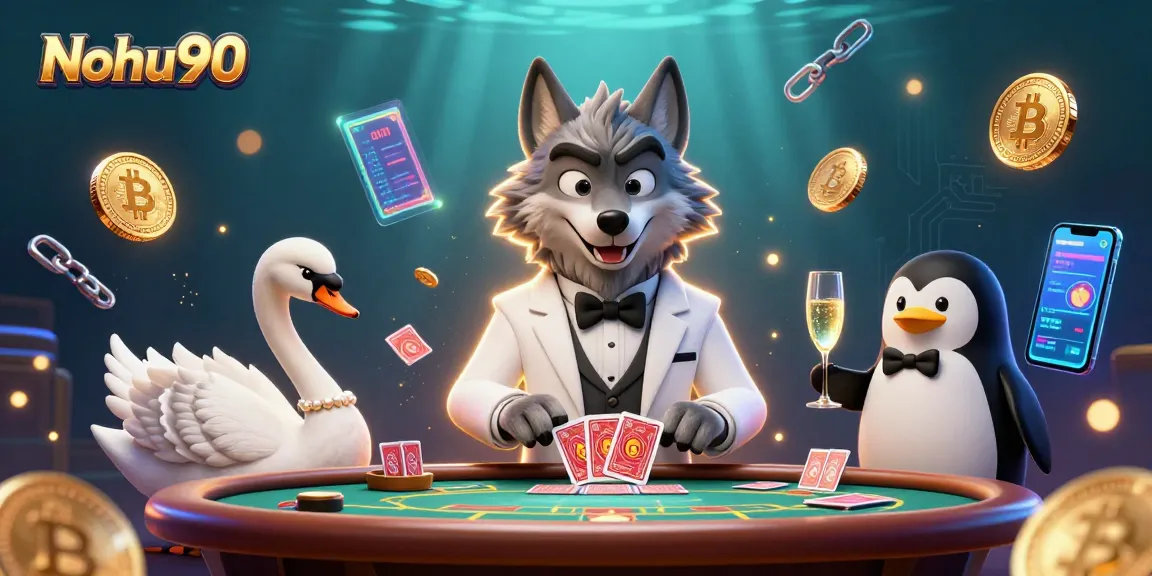 Nohu90 gamblers celebrating wins at a baccarat table with glowing coins and game graphics.