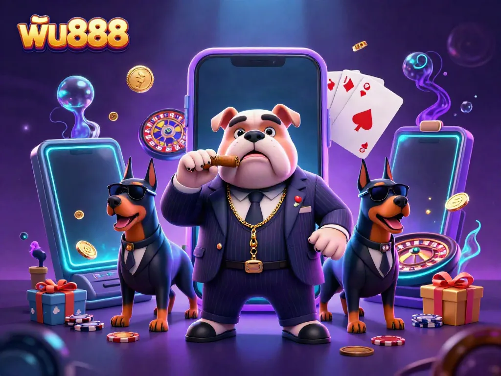 Experience excitement at ฟัน888 with a thrilling casino scene featuring a mafia bulldog in action.