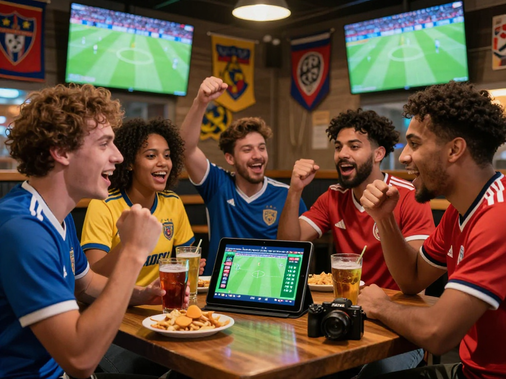 Gruppenszene von Fußballfans in einer Bar, die bei fussball de Wetten und das Spiel feiern.