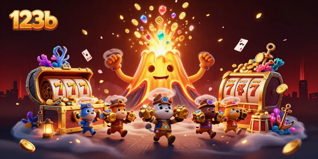 Experience thrilling wins with 123b, as a golden volcano erupts treasures in a 3D casino scene.