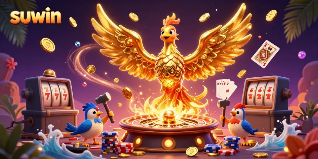 Witness the suwin golden phoenix symbolizing wealth, surrounded by cascading coins and vibrant casino elements.