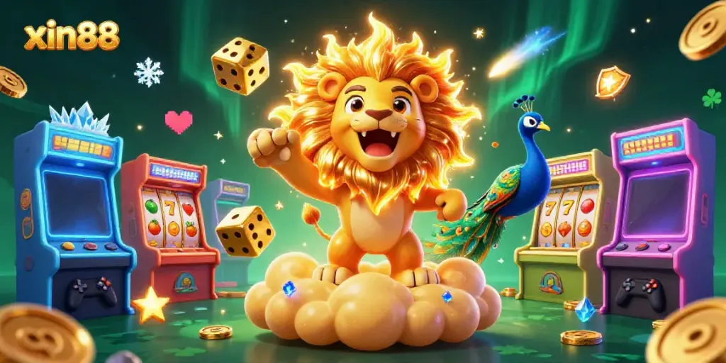 Experience the thrill of xin88 with a majestic sun lion and vibrant casino symbols in a dynamic 3D scene.