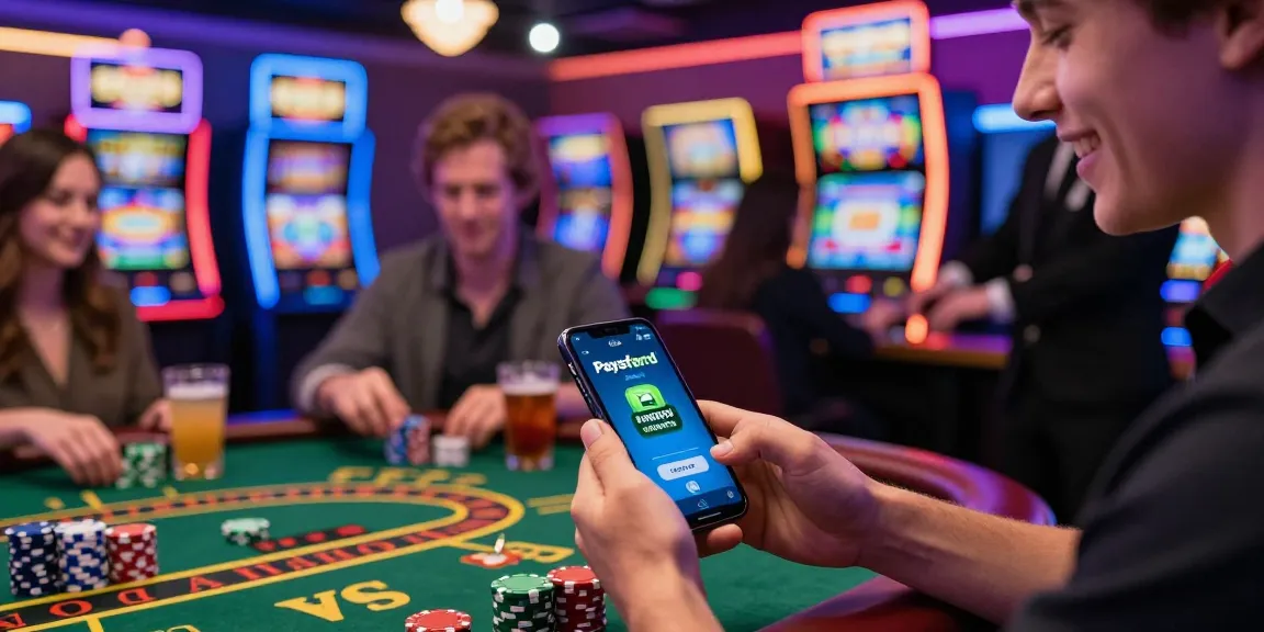 Aufgeregte Spieler, die in ein Paysafe Card Casino einzahlen, umgeben von lebhaften Spielen und energetischer Atmosphäre.