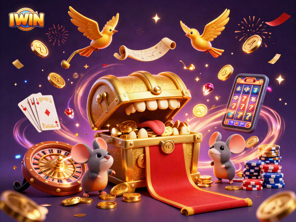 IWIN offers an exciting adventure with a golden treasure chest, enticing players to win big at the casino.