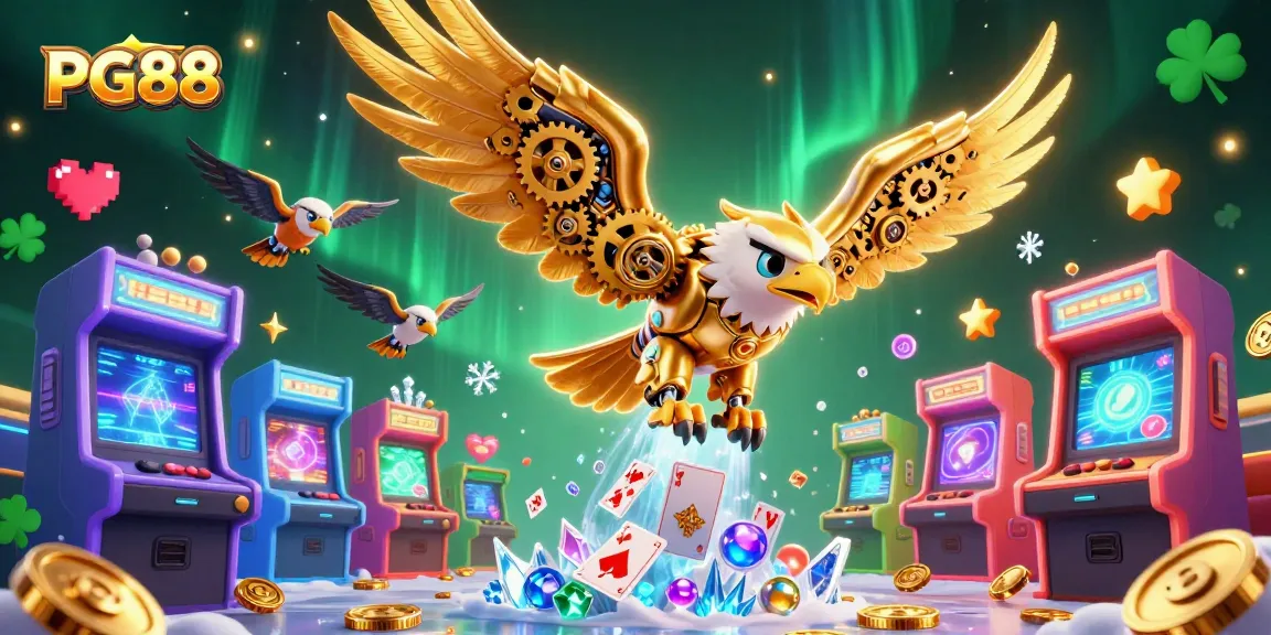 Experience PG88's thrilling atmosphere with a cybernetic eagle amid a dazzling casino scene.