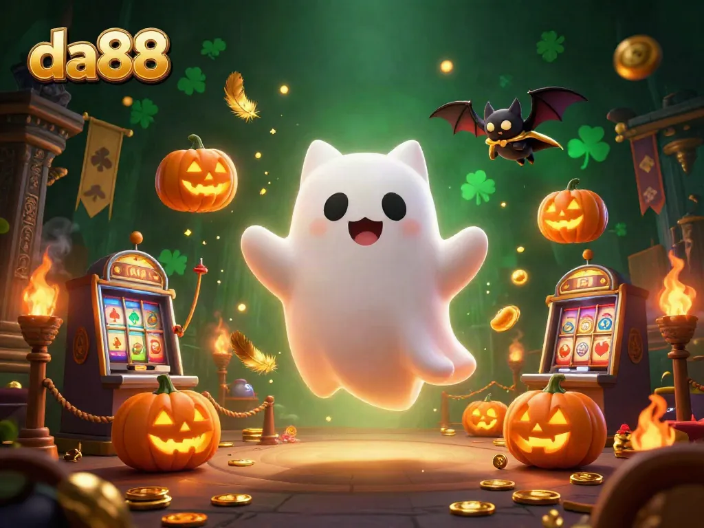 Experience the thrill at da88 casino with a ghost cat and bat amidst glowing poker jack-o-lanterns.
