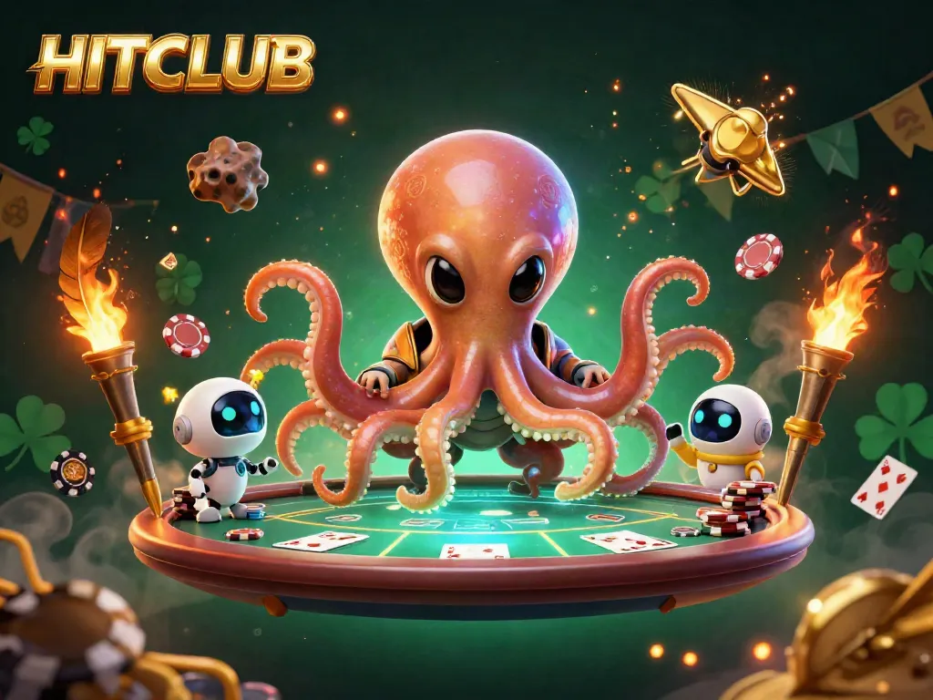 HITCLUB showcases a vibrant poker scene with an alien octopus and robot in a casino atmosphere.