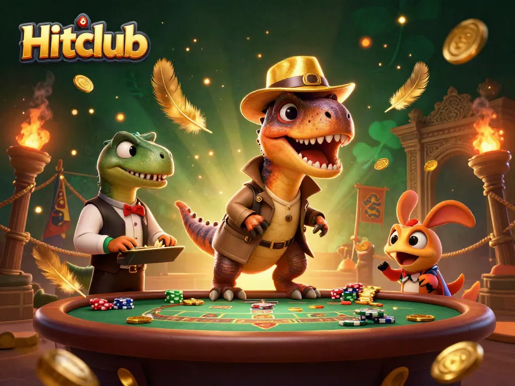 Hitclub's vibrant 3D scene showcases a velociraptor card counter and stegosaurus pit boss amid golden casino elements.