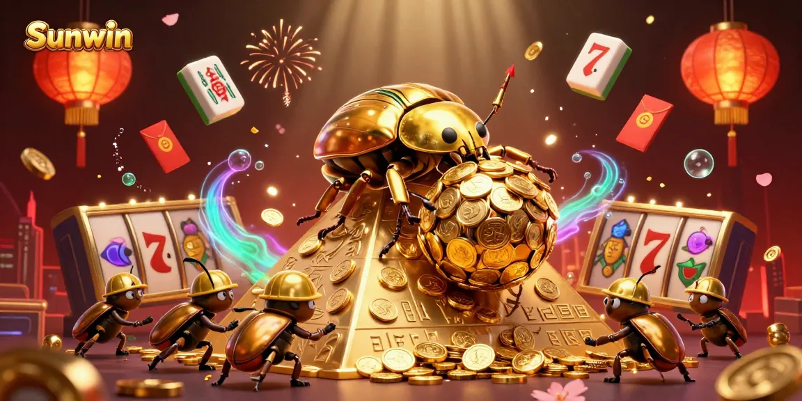Experience the thrill of Sunwin as a golden beetle rolls coins in a dynamic casino scene.