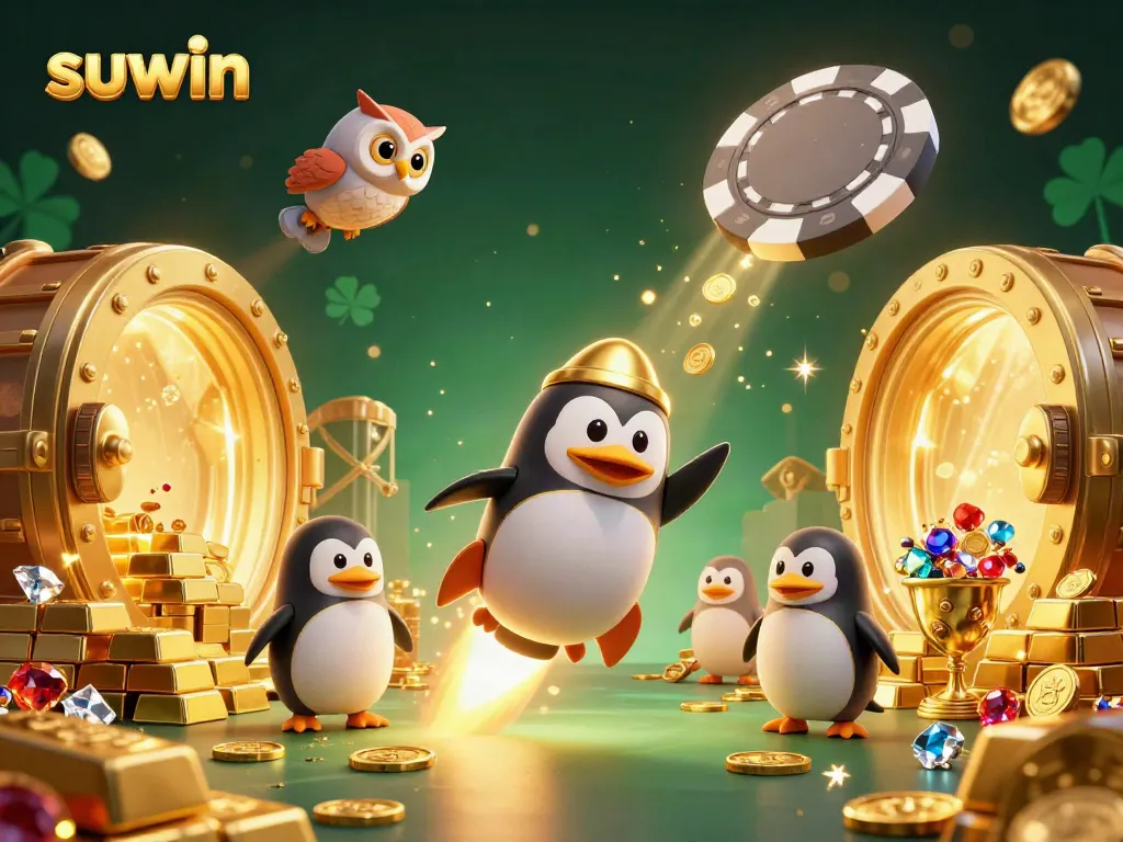 Experience gaming excitement with suwin as a golden penguin blasts through space, surrounded by treasures.