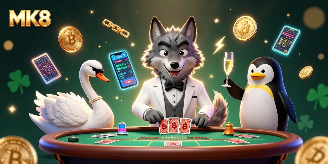 Engage with MK8's vibrant casino scene showcasing a debonair wolf, elegant swan, and penguin pouring champagne.