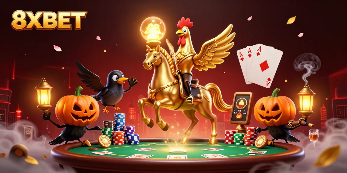 Engage with the thrilling atmosphere of 8XBET as the golden rooster rides through an electrifying casino.