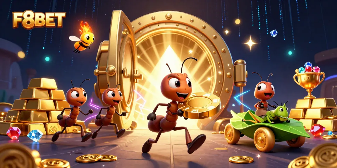 F8BET ants' heist carrying a giant poker chip surrounded by treasures and casino elements.